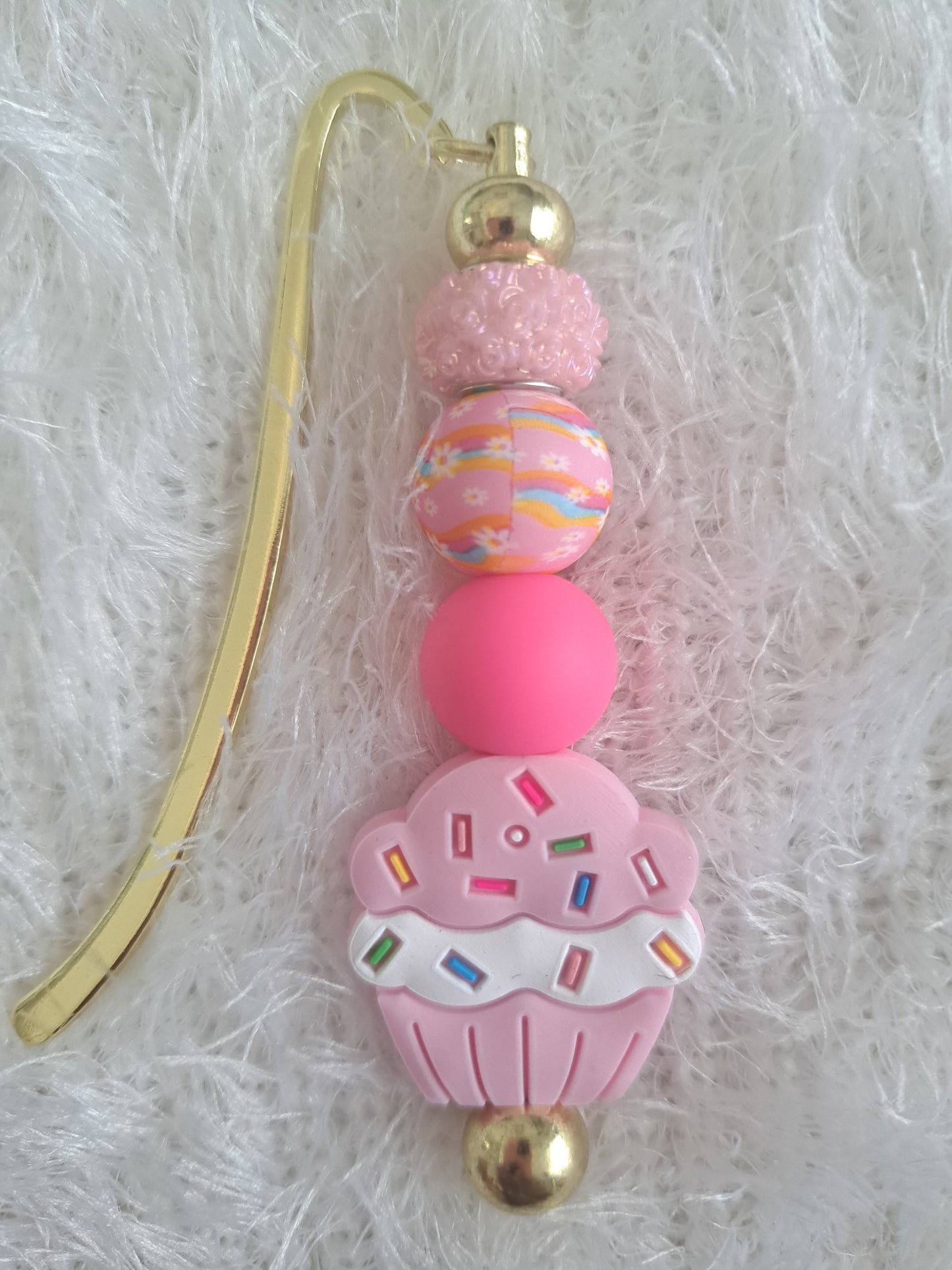 Metallic Beaded Bookmark Pink Cupcake