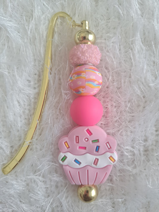 Metallic Beaded Bookmark Pink Cupcake
